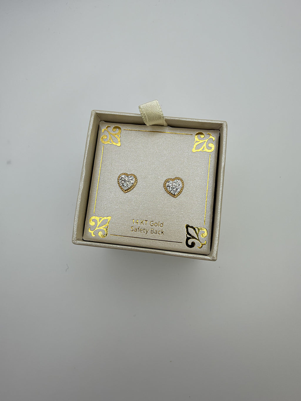 14K Gold Heart Stud Earrings Safety Back Gift Box Pavé Crystal Accent Women's - Image 2