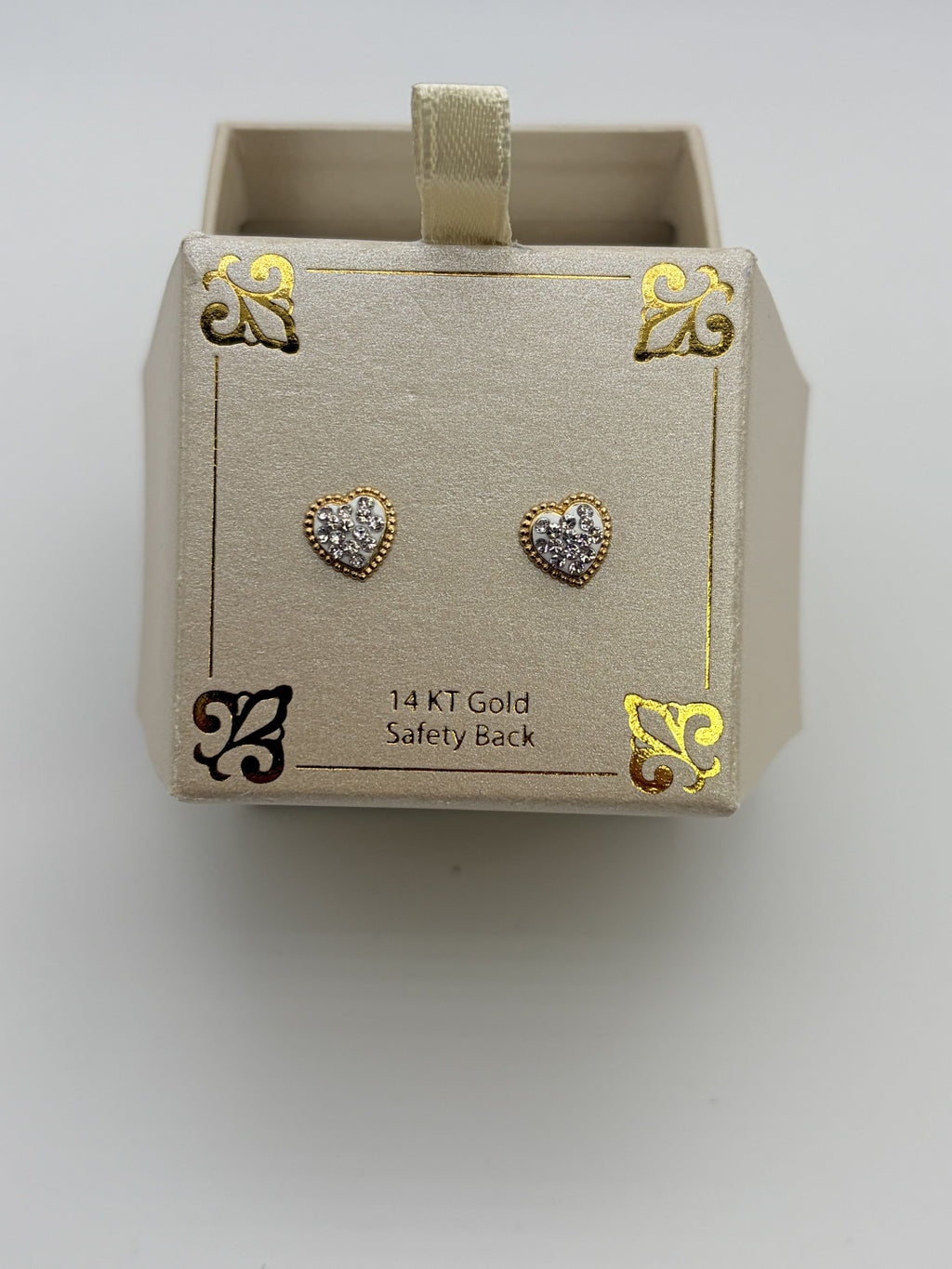 14K Gold Heart Stud Earrings Safety Back Gift Box Pavé Crystal Accent Women's - Image 3