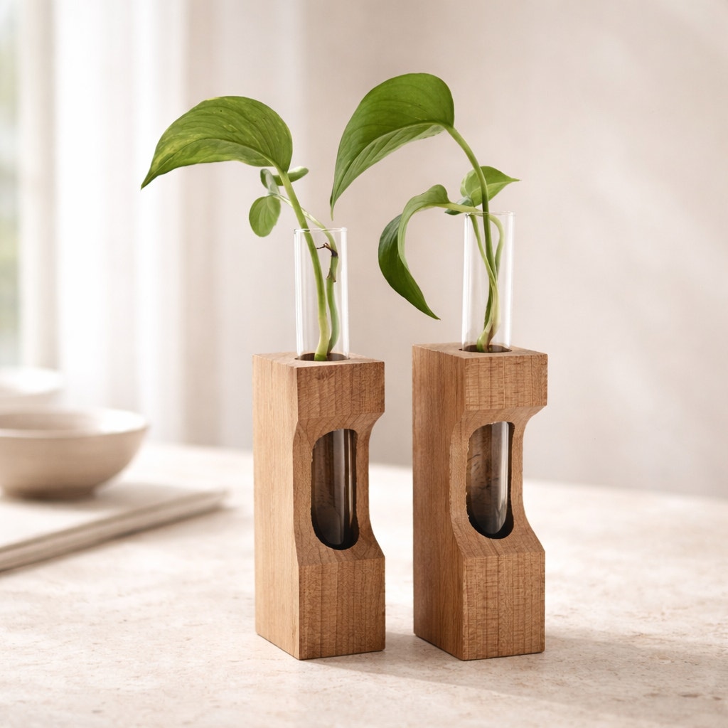 Maple Propagation Station Pair with Bud Vases, 3x1.75x10 inches, contemporary decor, functional, unique gift, test tube planters