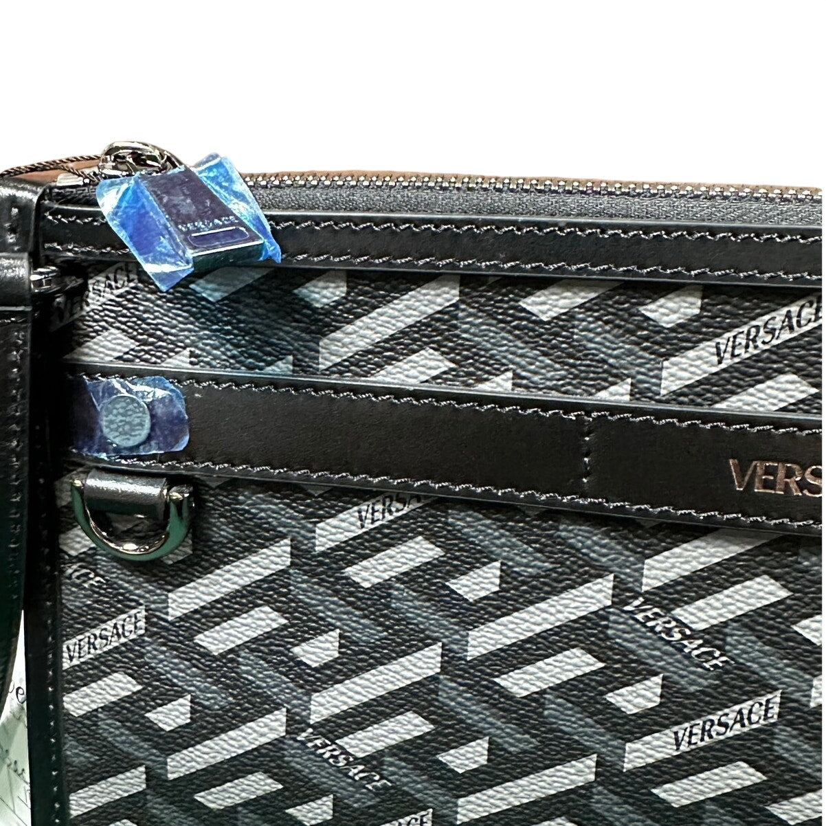 Versace La Greca Leather Messenger Bag Black Grey - New