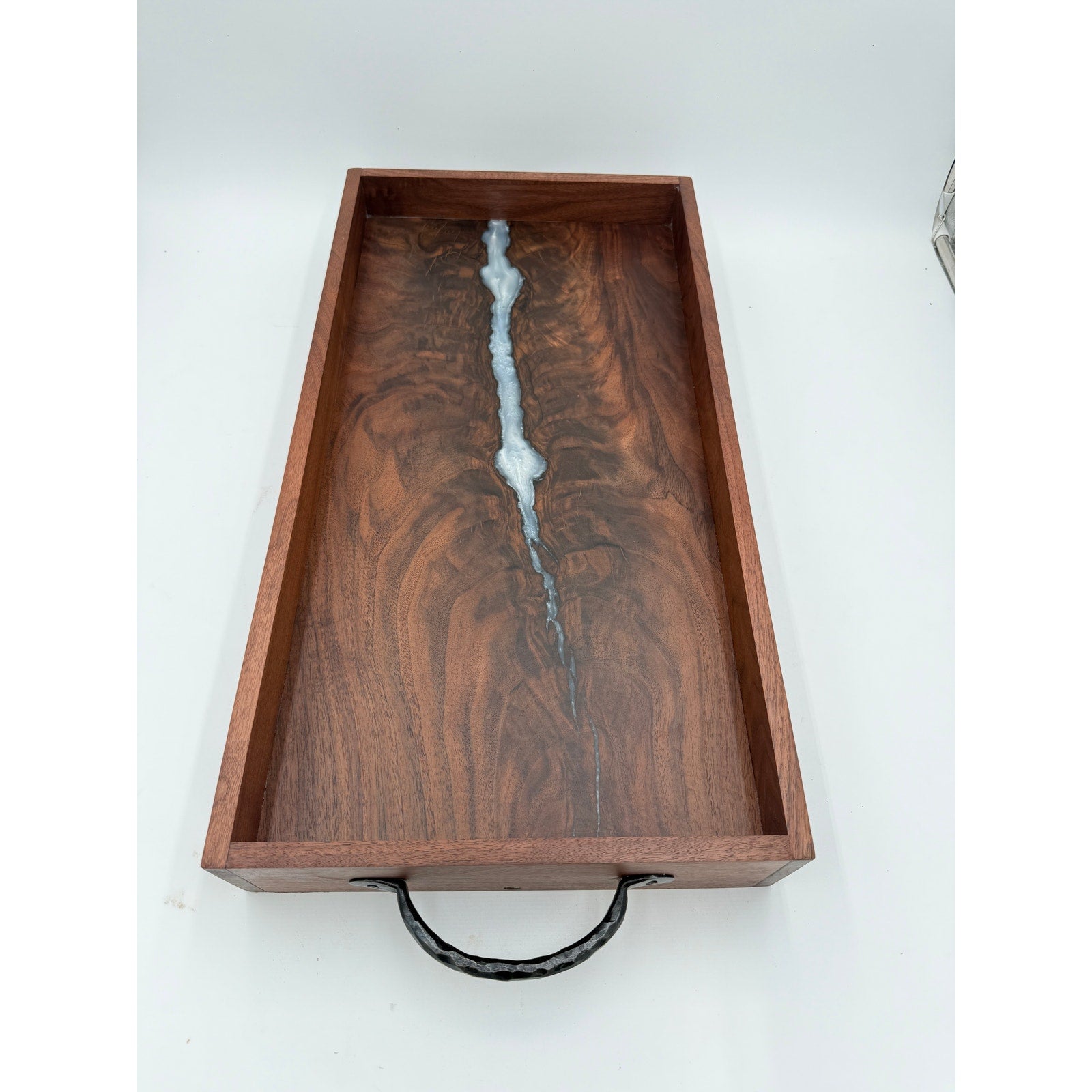 Walnut Burl Serving Tray with Pearl Epoxy accents, 22x11.75x3 size, wrought iron handles, food safe finish
