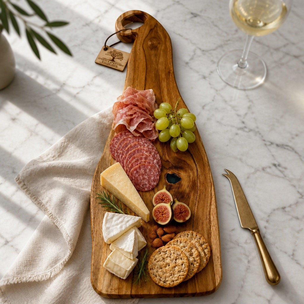 Handcrafted Teak Cheese and Charcuterie Board, 23.5 x 7 x 0.75 in, black epoxy detail, appetizer tray, kitchen gift