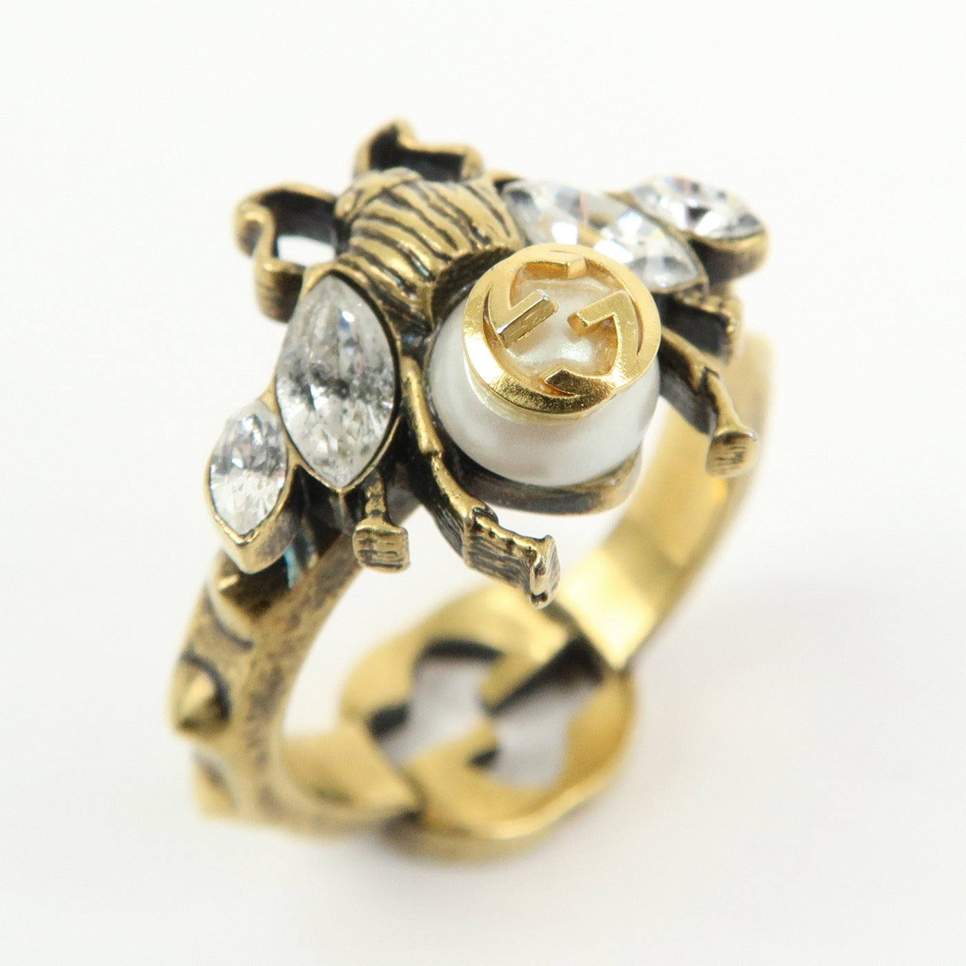 6695 - Gucci Metal Strass Pearl Bee Ring - Size US 6.5