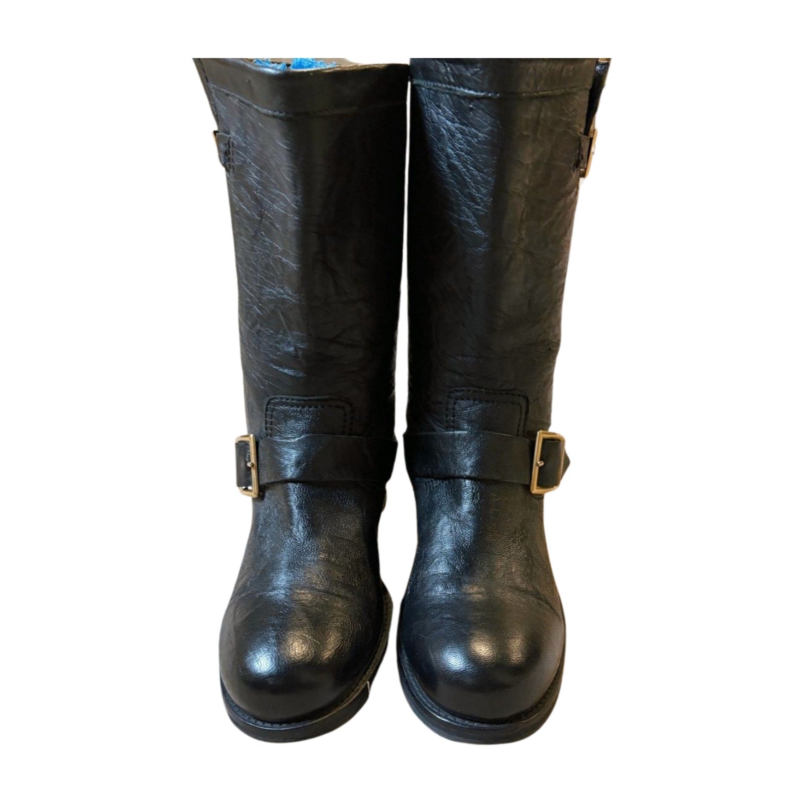 Jimmy Choo Black Biker Leather Boots with Gold plated trim - Size 8  - Pre-Owned