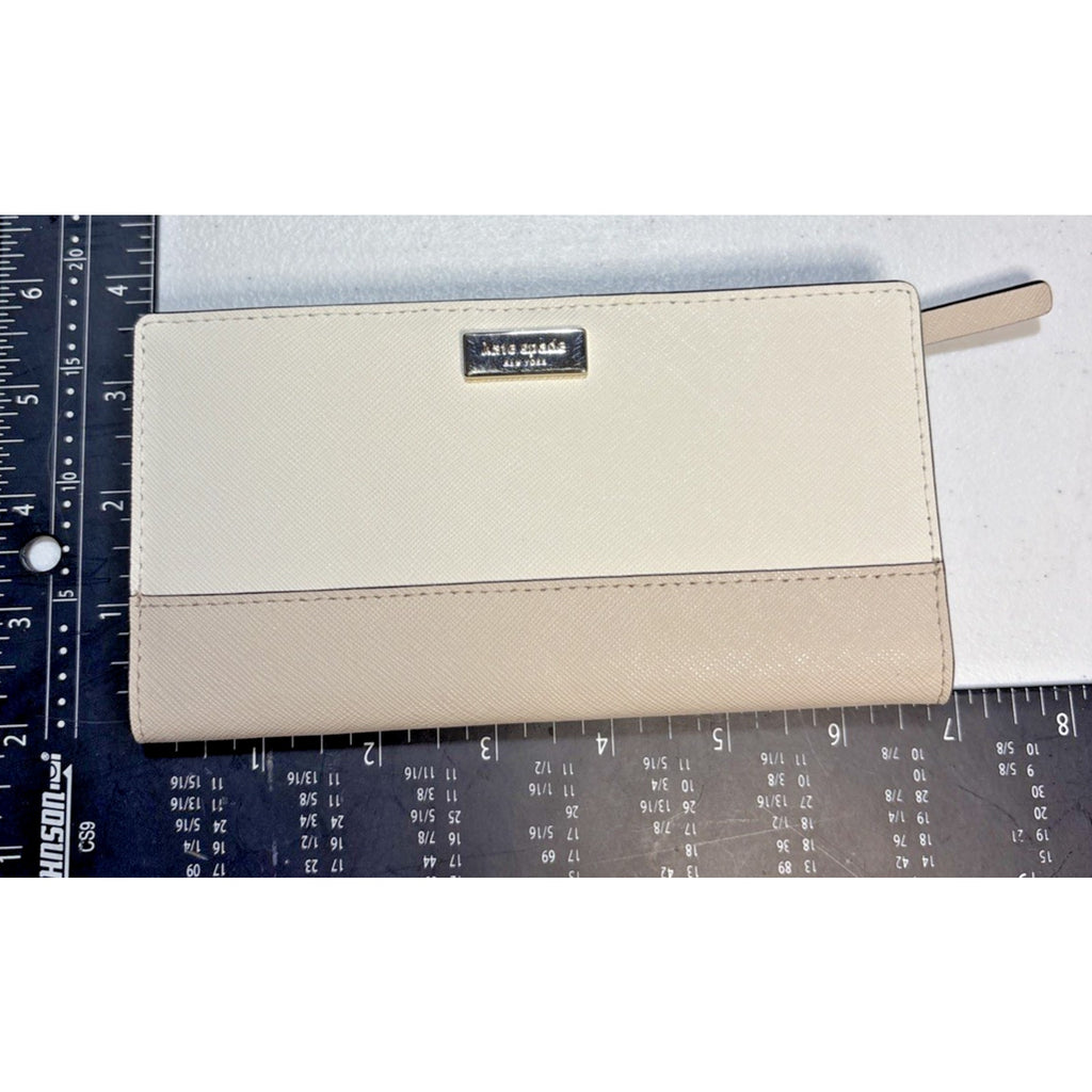 Kate Spade Laurel Way Stacy Snap Wallet Almond Black Leather Saffiano Cream Gold