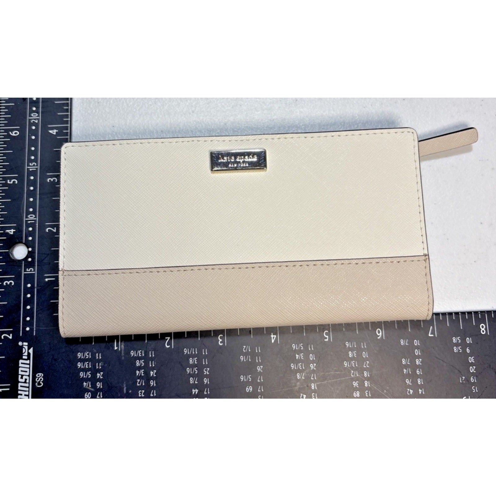 Kate Spade Laurel Way Stacy Snap Wallet Almond Black Leather Saffiano Cream Gold
