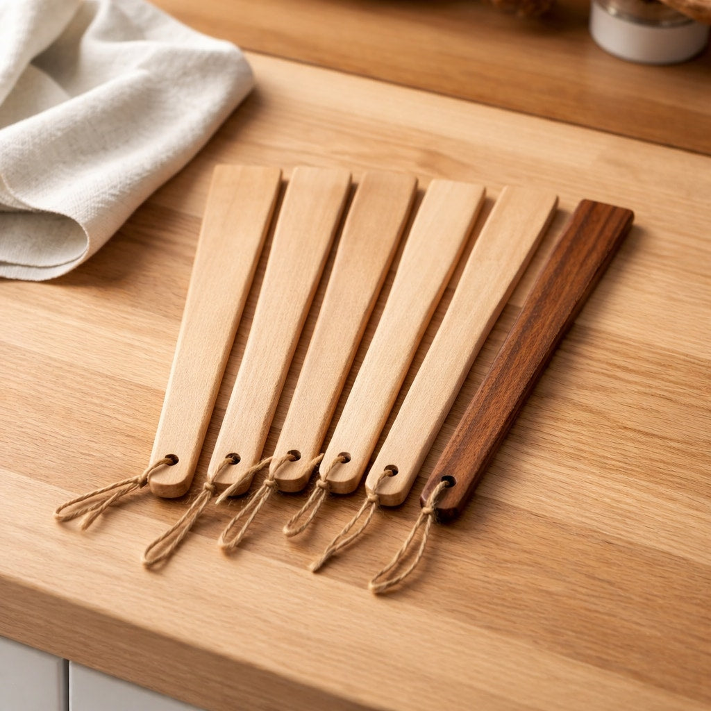 Handmade Wooden Saute Spatula for Skillets, walnut maple and sycamore, 10–12 inch, food safe finish, flat scraper