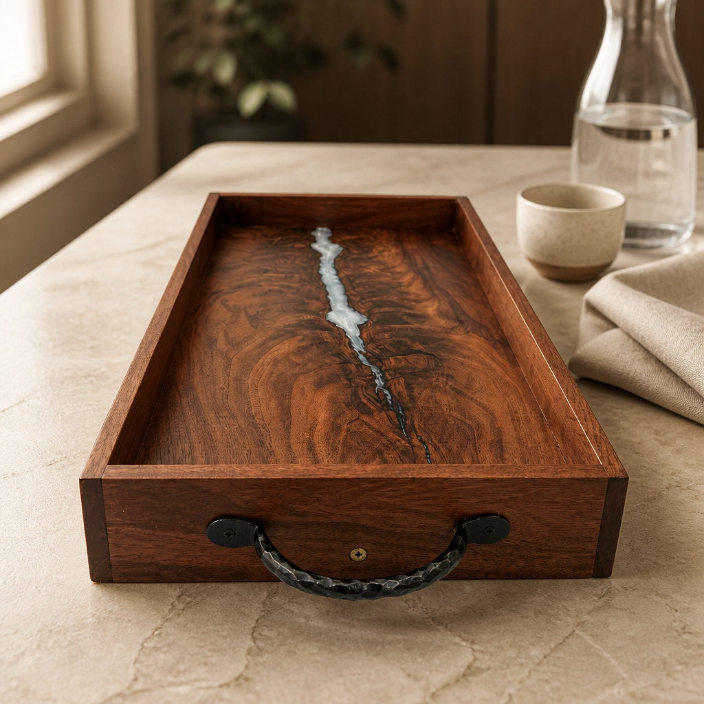 Walnut Burl Serving Tray with Pearl Epoxy accents, 22x11.75x3 size, wrought iron handles, food safe finish