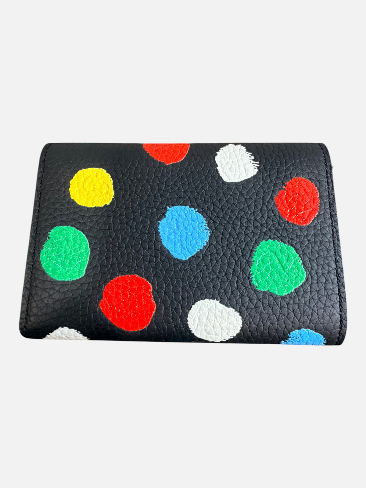 CURATED by Kira Louis Vuitton Kusama Capucines compact wallet in black textured calfskin with colorful polka dots