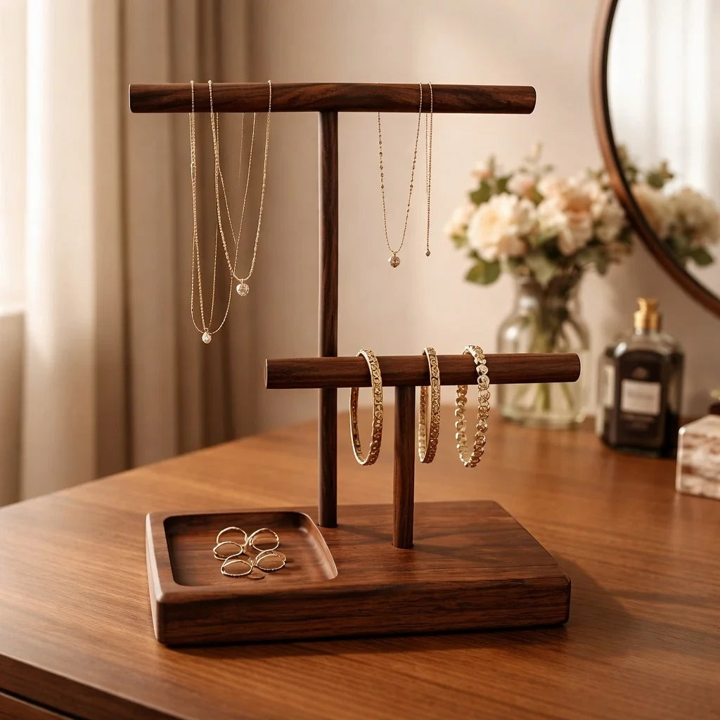 Handcrafted walnut jewelry stand, tiered bars with catchall tray, minimalist organizer