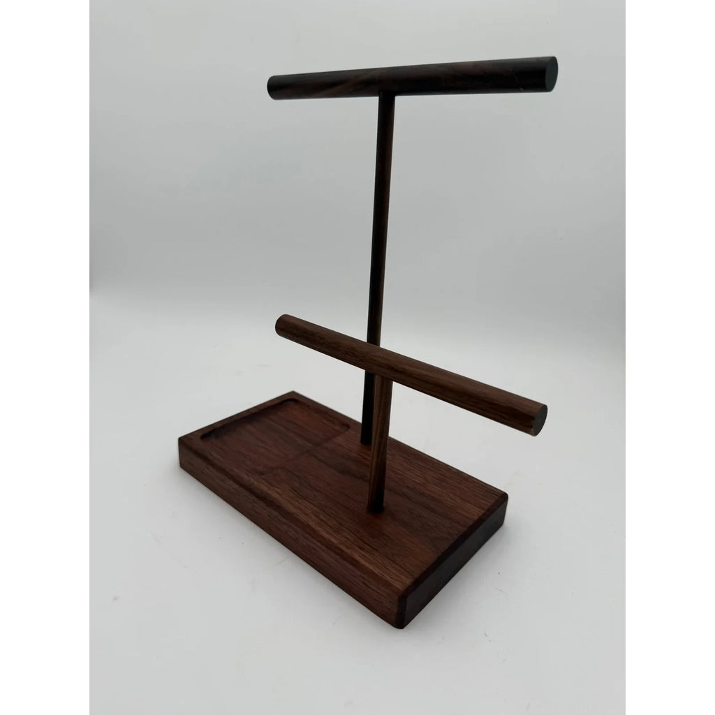 Handcrafted walnut jewelry stand, tiered bars with catchall tray, minimalist organizer