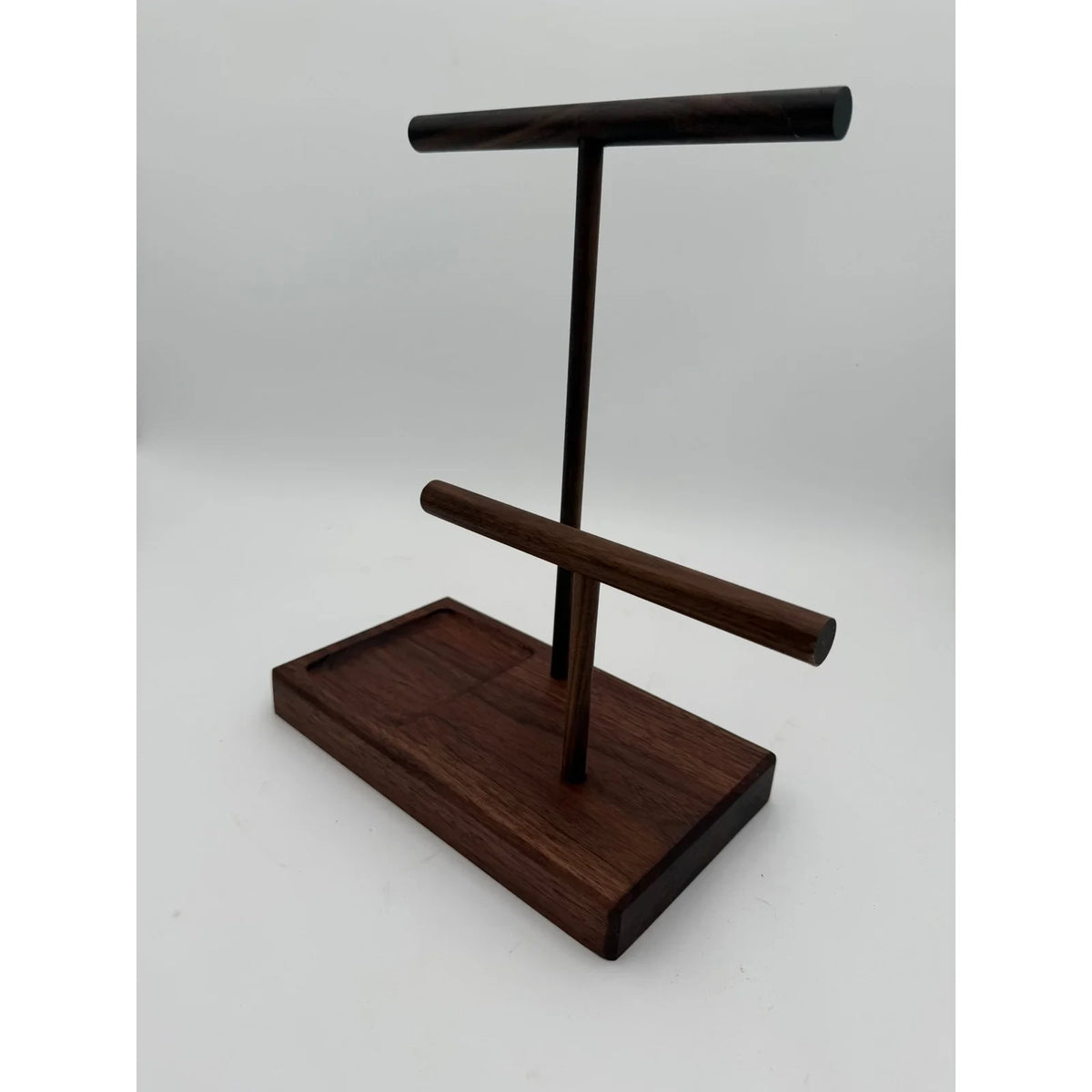 Handcrafted walnut jewelry stand, tiered bars with catchall tray, minimalist organizer