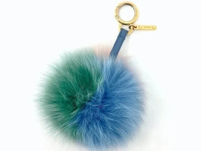 7508 - Fendi Fox Fur Pom Pom Bag Charm Blue Green Pink - Image 1
