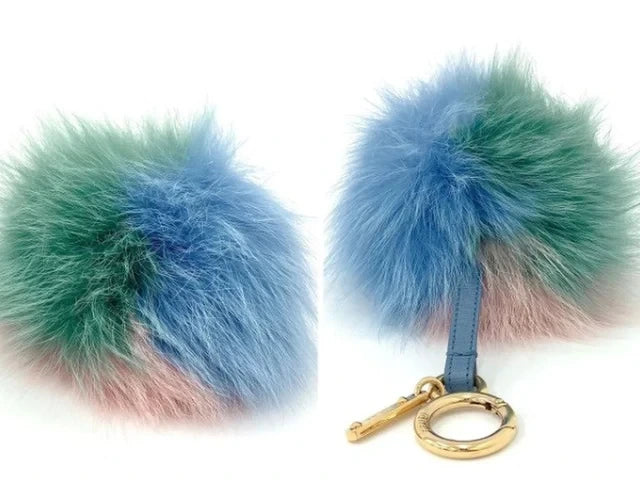 7508 - Fendi Fox Fur Pom Pom Bag Charm Blue Green Pink - Image 4