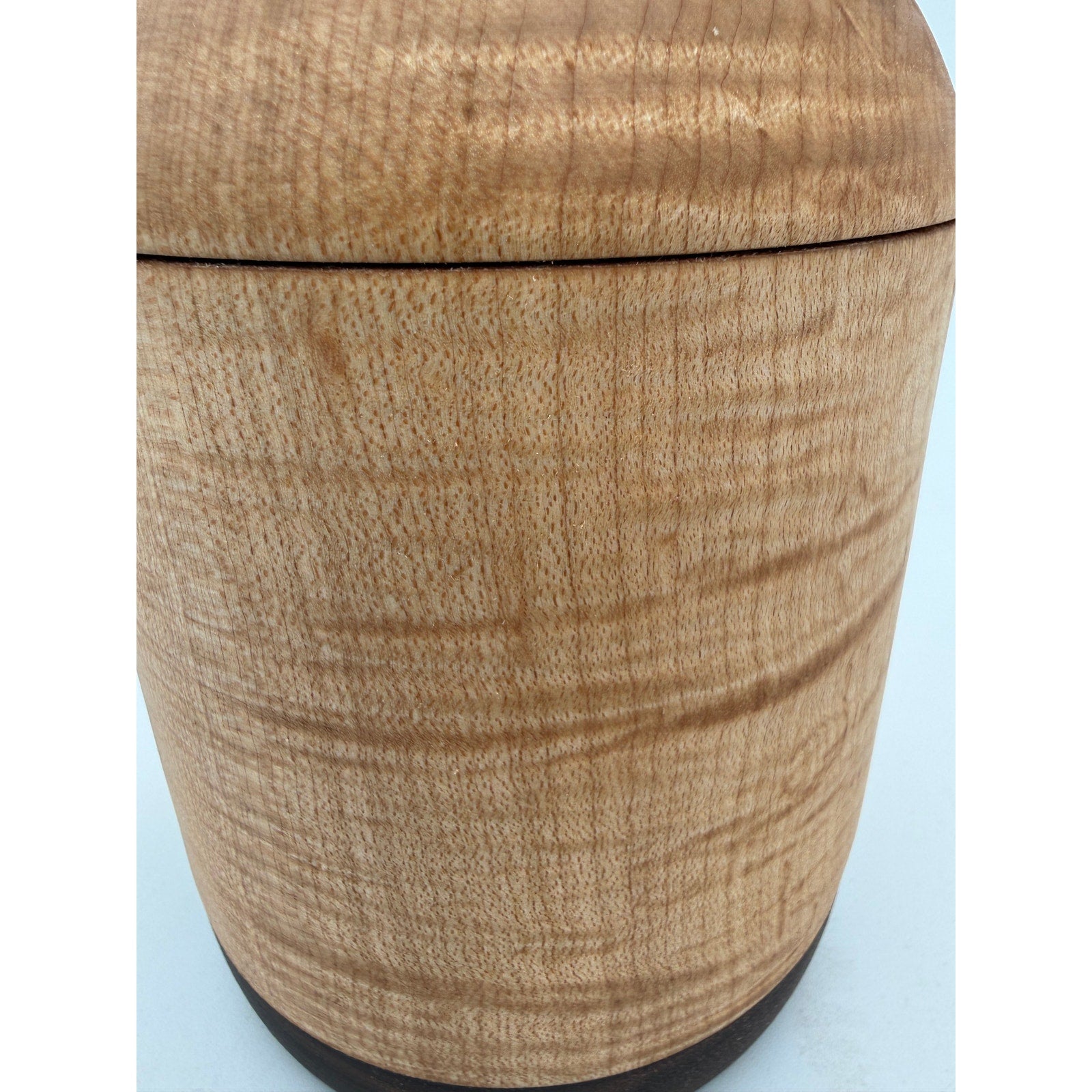 Hand Turned Figured Maple Lidded Box with Walnut Base, 4.25 x 7.5, tea bag storage, key holder, catchall, kitchen canister