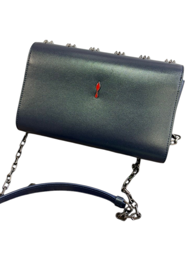CURATED by Kira Christian Louboutin Paloma navy calf leather crossbody clutch with signature spikes and chain strap