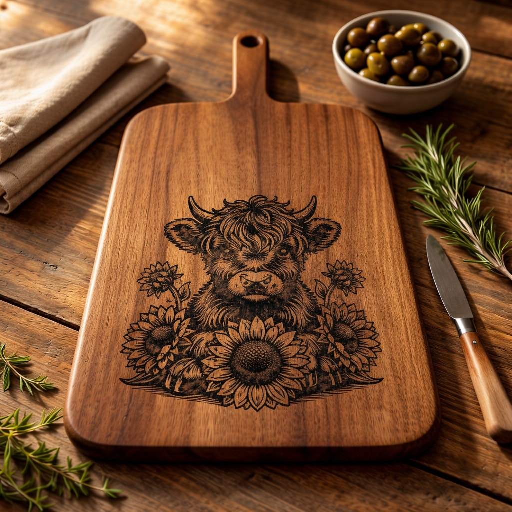 Walnut Charcuterie Board, Wood Burned Cow and Daisies, Handmade Serving Board, Unique Cheese Platter, High Quality