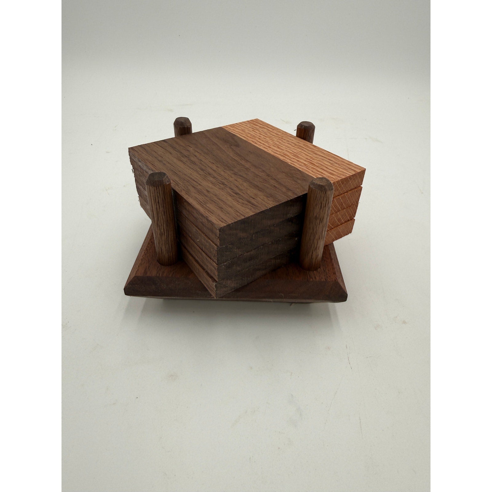 Handcrafted Hardwood Coaster Set Holder fits four, walnut and cherry options, holds 4x4 or 4.25x4.25, desk and coffee table