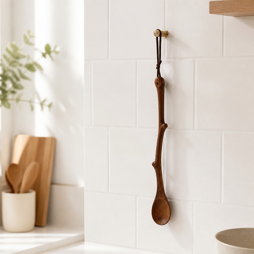 Ash Wooden Spoon with Tree Branch Handle, 9 Inch Long, Food Safe, SKU 1466