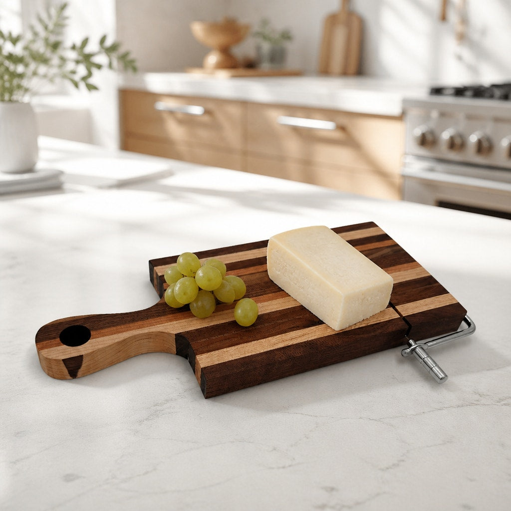 Handcrafted Laminated Hardwood Cheese Cutter, 14x6 Board, Stainless Steel, Replaceable Wire