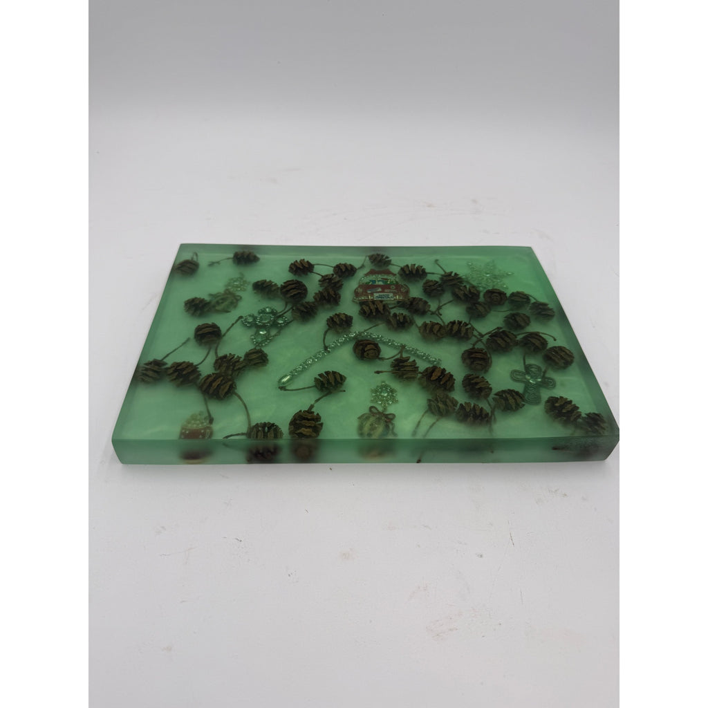 Christmas Theme Charcuterie Board, Green Epoxy, Pine Cone Accents, Handcrafted, 12x8x1.25