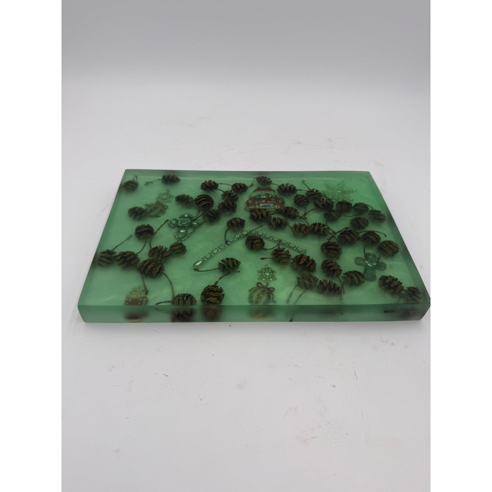 Christmas Theme Charcuterie Board, Green Epoxy, Pine Cone Accents, Handcrafted, 12x8x1.25