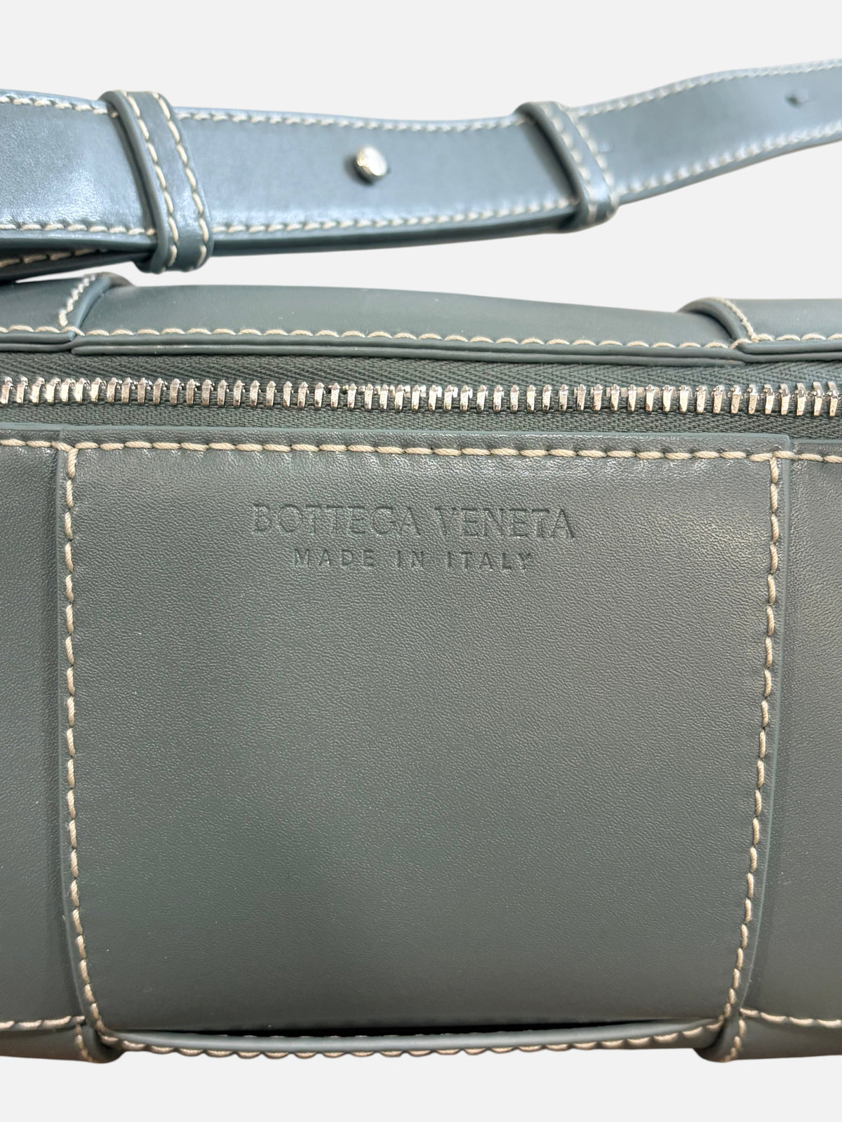 CURATED by Kira Bottega Veneta gray calfskin leather barrel crossbody bag with silver zipper and contrast stitching