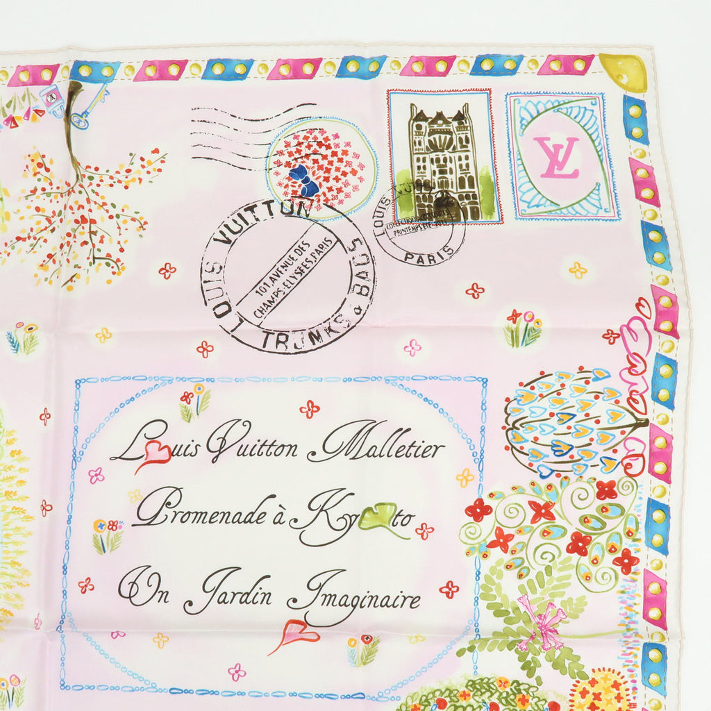 6835 - Louis Vuitton 100% Silk Scarf Voyage Autour De Ma Malle Promenade Kyoto Pink