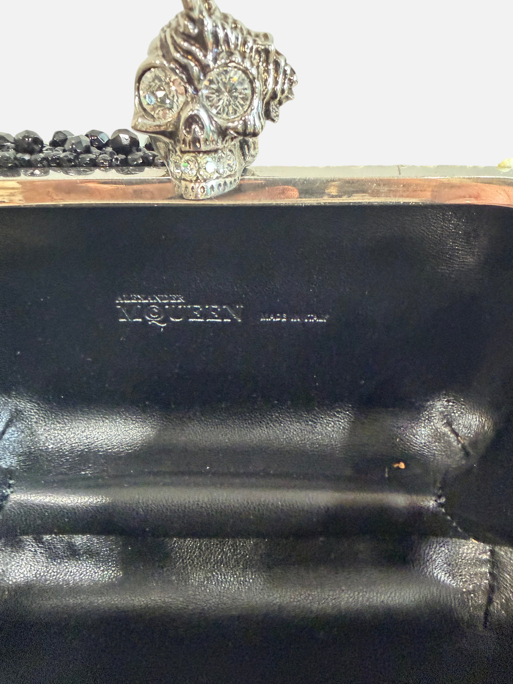 CURATED by Kira Alexander McQueen black shell and bead box clutch with jeweled skull kiss lock and leather interior