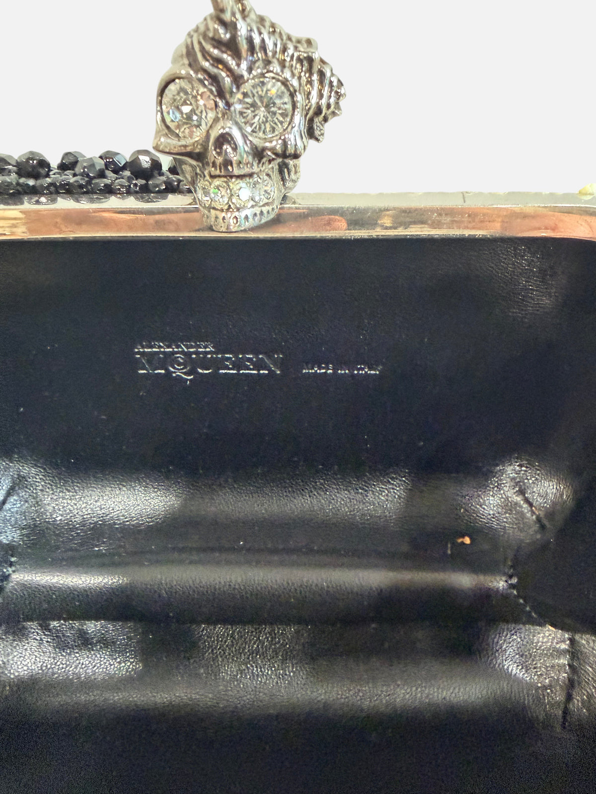 CURATED by Kira Alexander McQueen black shell and bead box clutch with jeweled skull kiss lock and leather interior