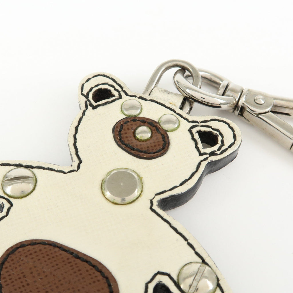 6541 Prada Saffiano Leather Bear Bag Charm Key Holder Ivory Brown