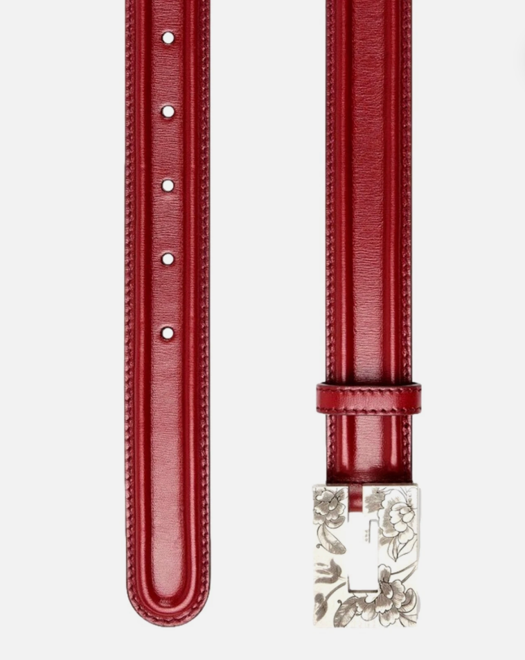 5389 - Gucci Memorable Floral Engraved G Buckle Leather Belt - Size 110/44 - New