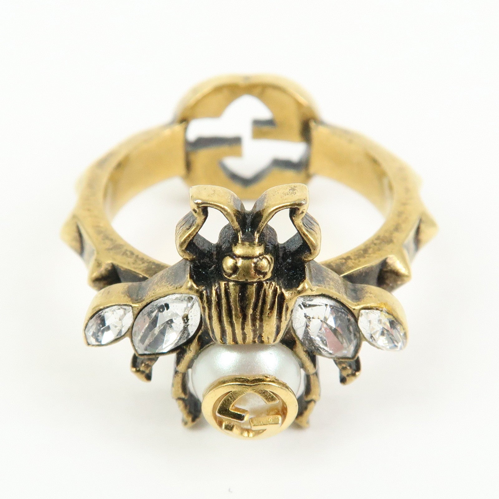 6695 - Gucci Metal Strass Pearl Bee Ring - Size US 6.5