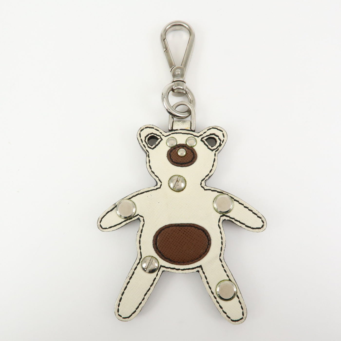 6541 Prada Saffiano Leather Bear Bag Charm Key Holder Ivory Brown