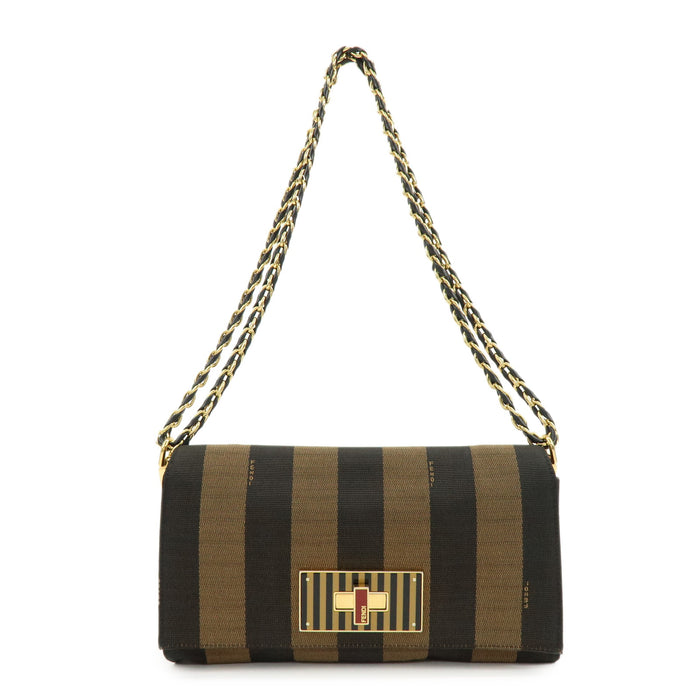 Fendi Claudia Pequin Canvas Leather Shoulder Bag Brown
