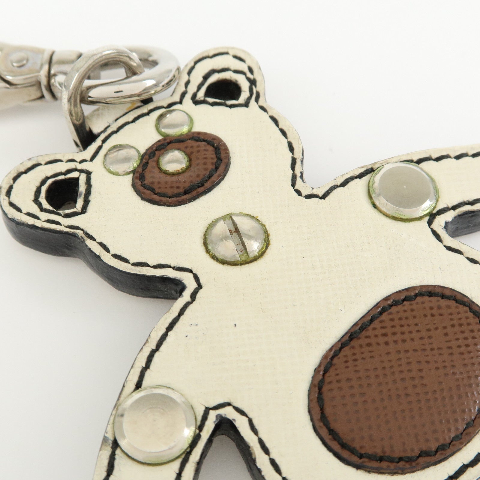 6541 Prada Saffiano Leather Bear Bag Charm Key Holder Ivory Brown