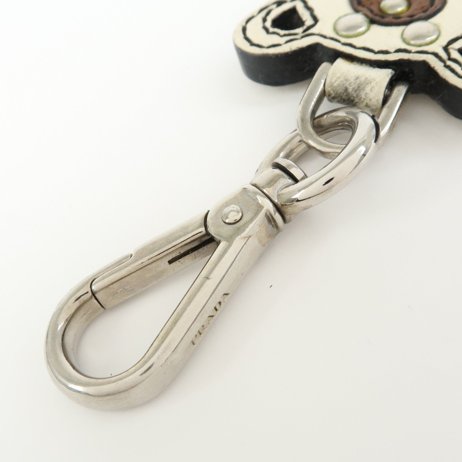 6541 Prada Saffiano Leather Bear Bag Charm Key Holder Ivory Brown