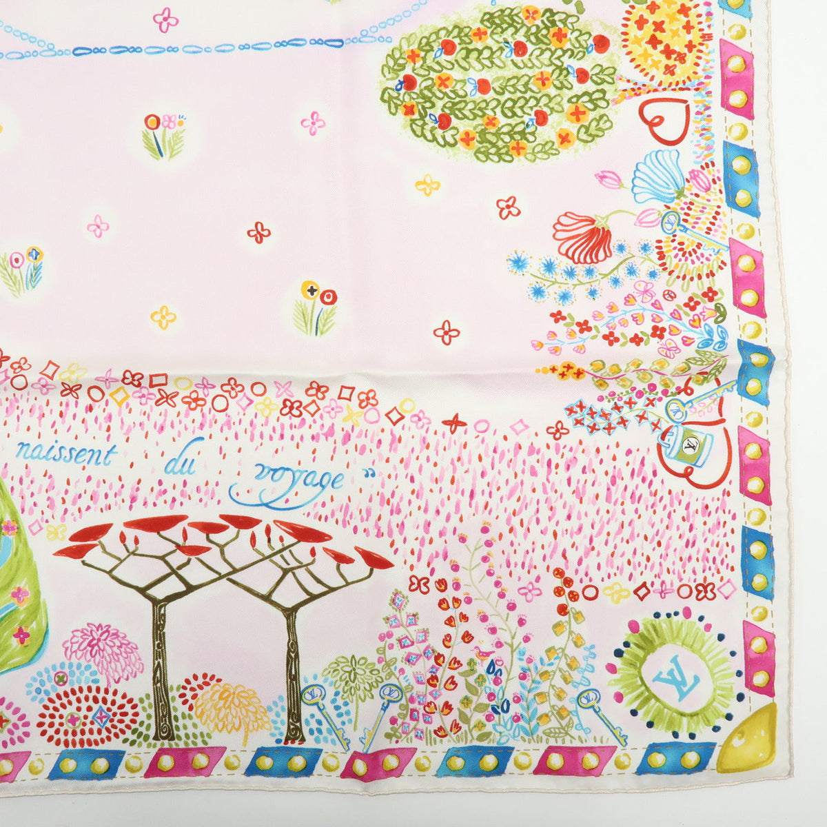 6835 - Louis Vuitton 100% Silk Scarf Voyage Autour De Ma Malle Promenade Kyoto Pink