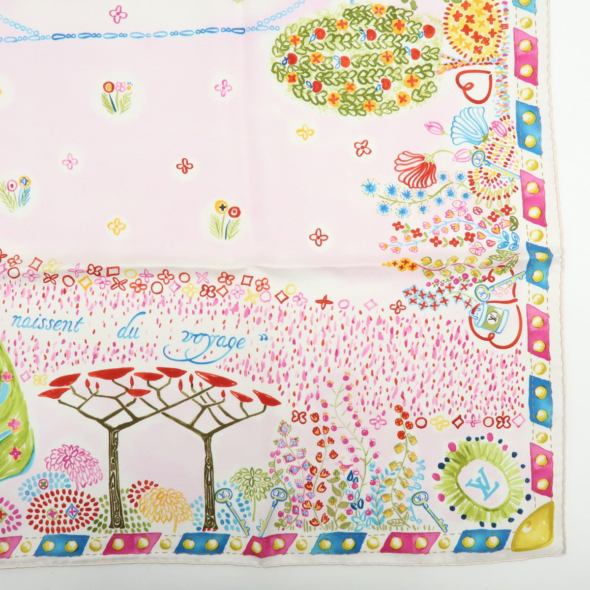 6835 - Louis Vuitton 100% Silk Scarf Voyage Autour De Ma Malle Promenade Kyoto Pink