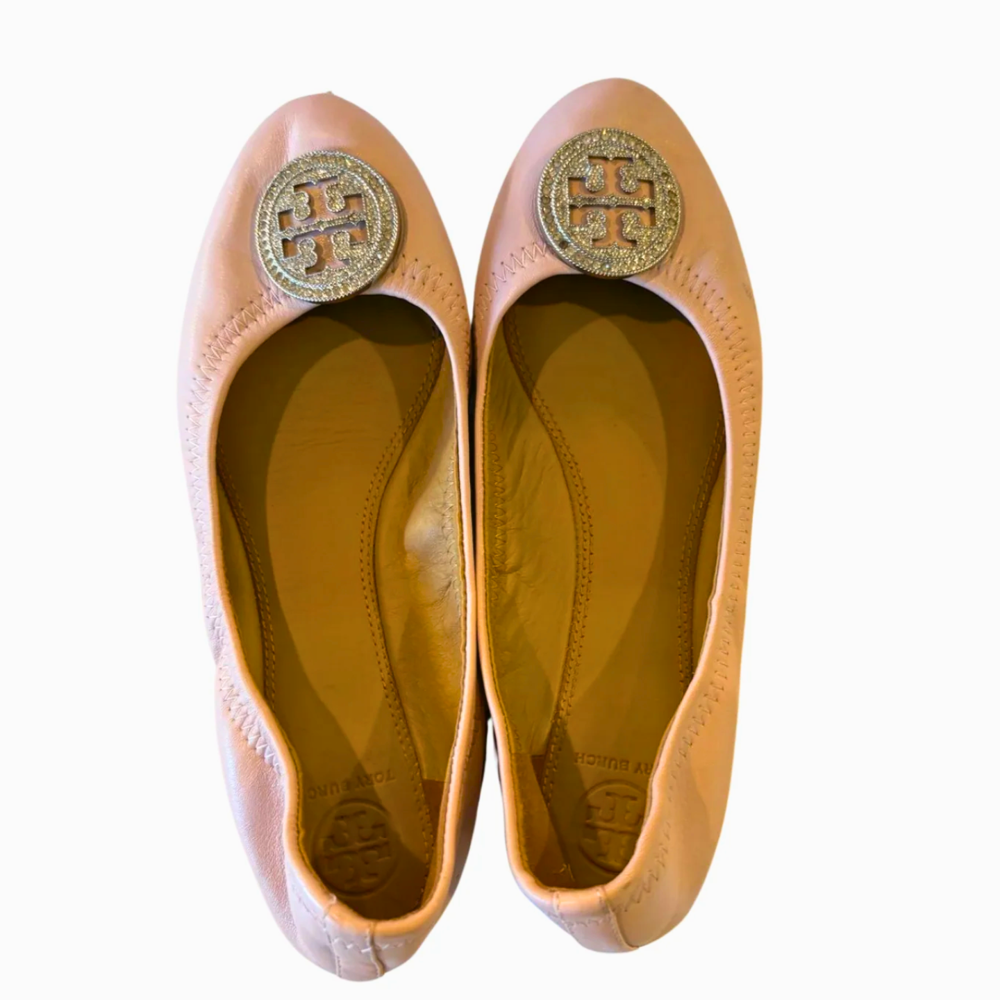Tory Burch Minnie Travel Ballet Flats - Pink with Crystal Logo - Size 7
