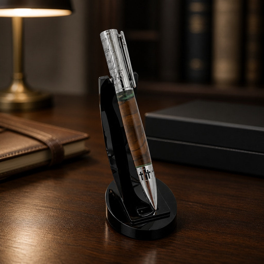 Handcrafted Walnut Epoxy Pen with Scripture, Matthew 17:20 engraved cap, premium metal accents, smooth refillable