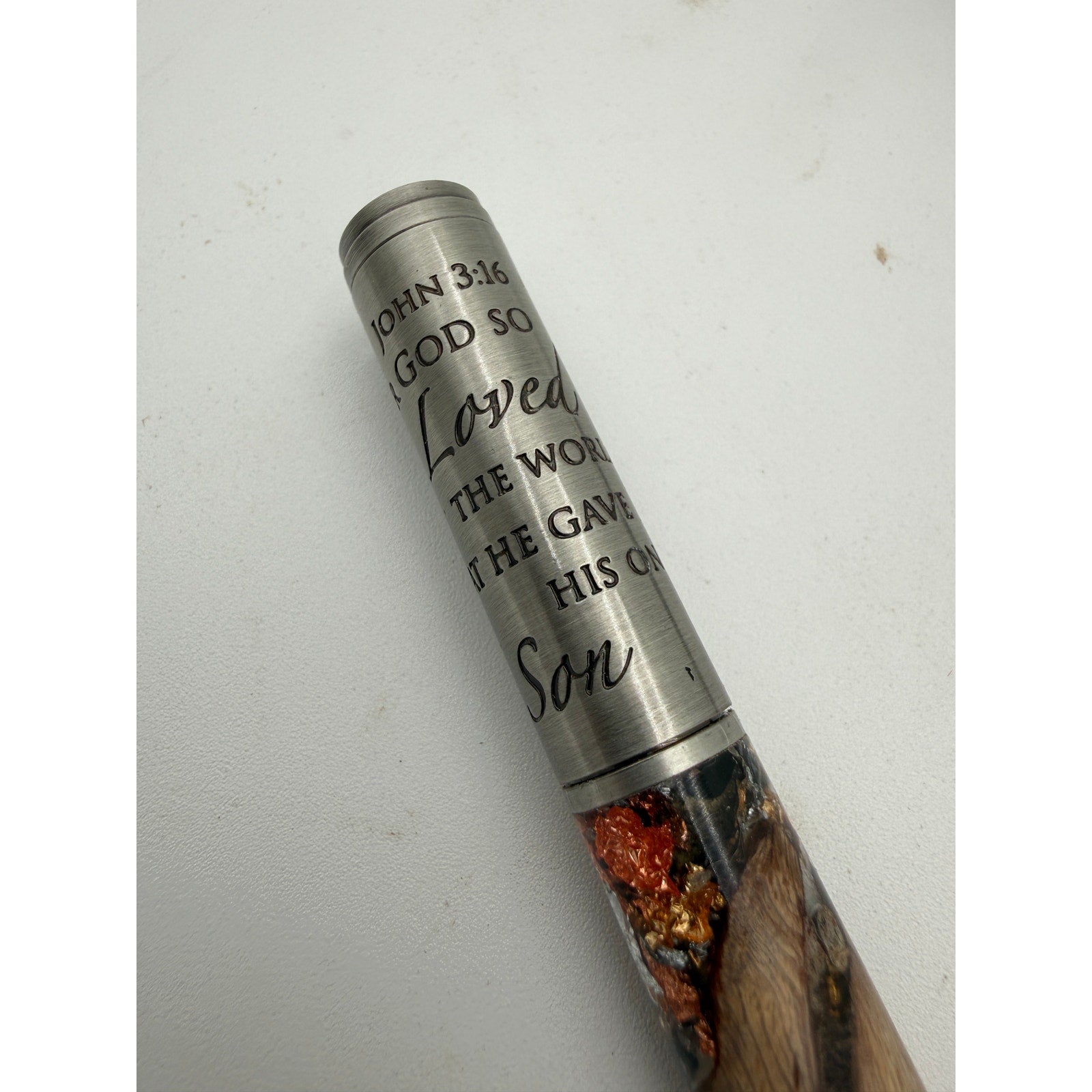 Premium Hand Turned Christian Pen, grapevine and clear epoxy body, metal cap engraved John 3:16, luxury writing gift for him