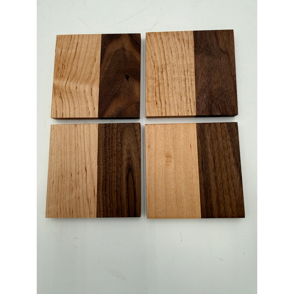 Handcrafted Hardwood Coaster Set of Four, dual-wood design, optional stand, choice of patterns and woods, 4x4 or 4.25x4.25