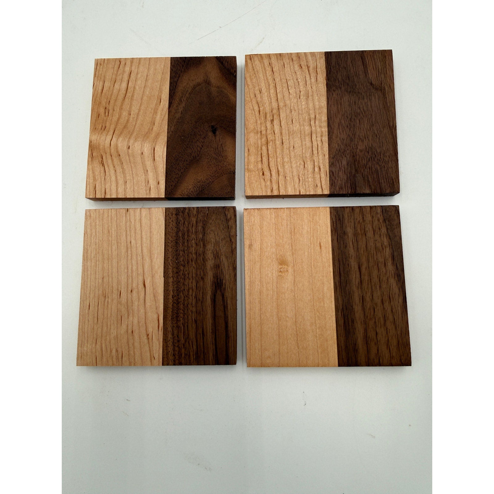 Handcrafted Hardwood Coaster Set of Four, dual-wood design, optional stand, choice of patterns and woods, 4x4 or 4.25x4.25
