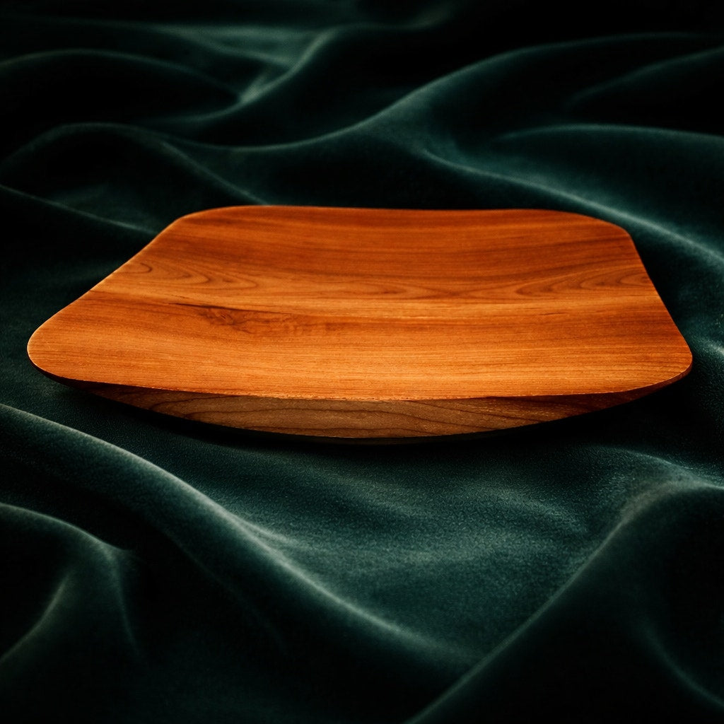 Square Cherry Hand Turned Wood Bowl, 9x9x1.52 inches, handmade serving dish, food safe finish, modern rustic decor
