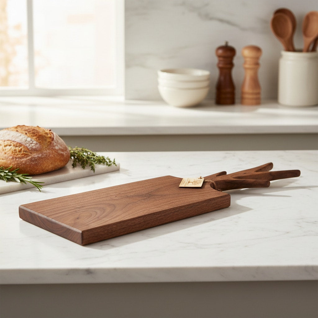 Walnut Charcuterie Board with Twig Handle, 22x6.5x1 size, decorative serving tray, functional kitchen gift, handmade USA