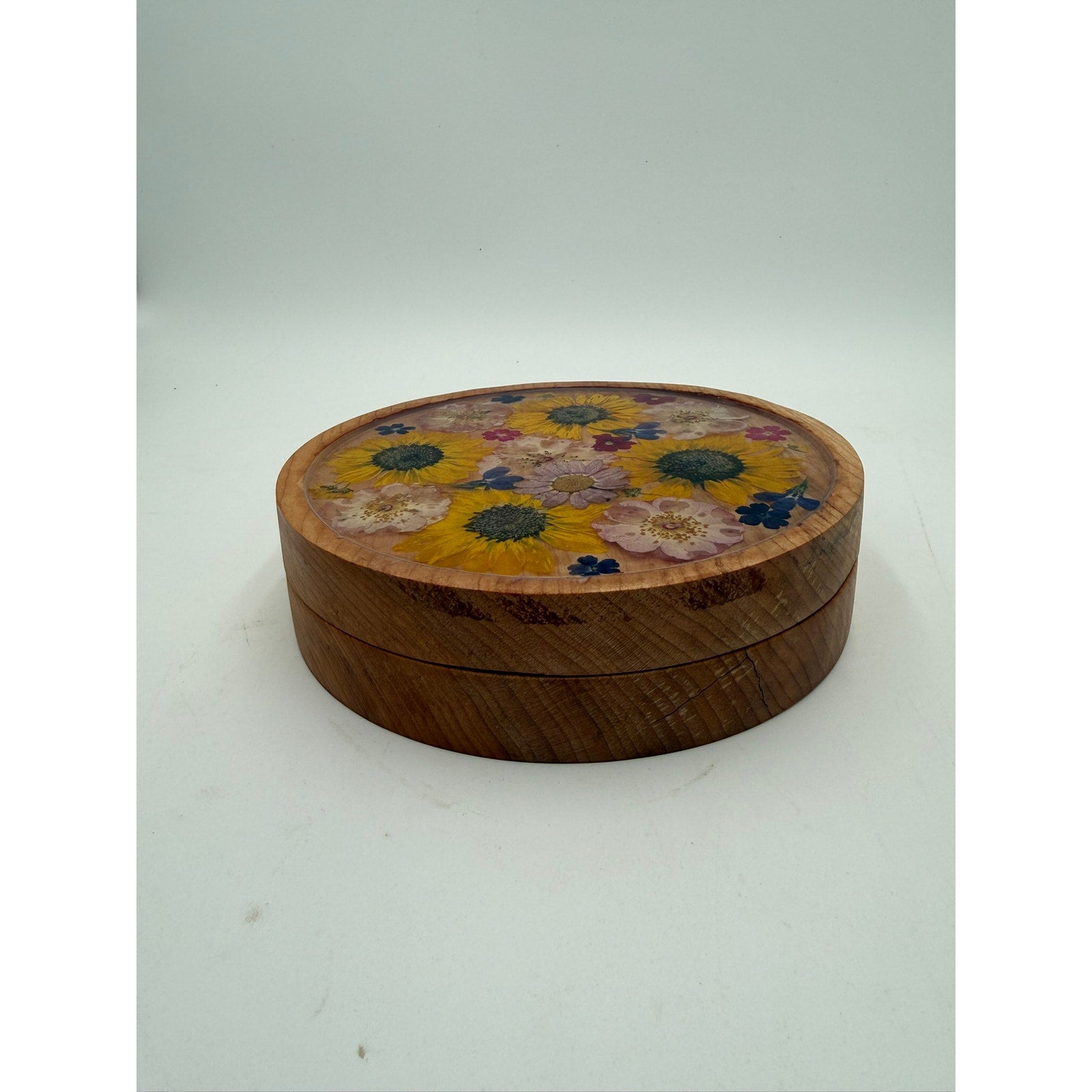Figured Maple Floral Keepsake Box with Lid, pressed flowers in epoxy inlay, hand turned wood, jewelry storage, 7.75 x 2 in, one of a kind