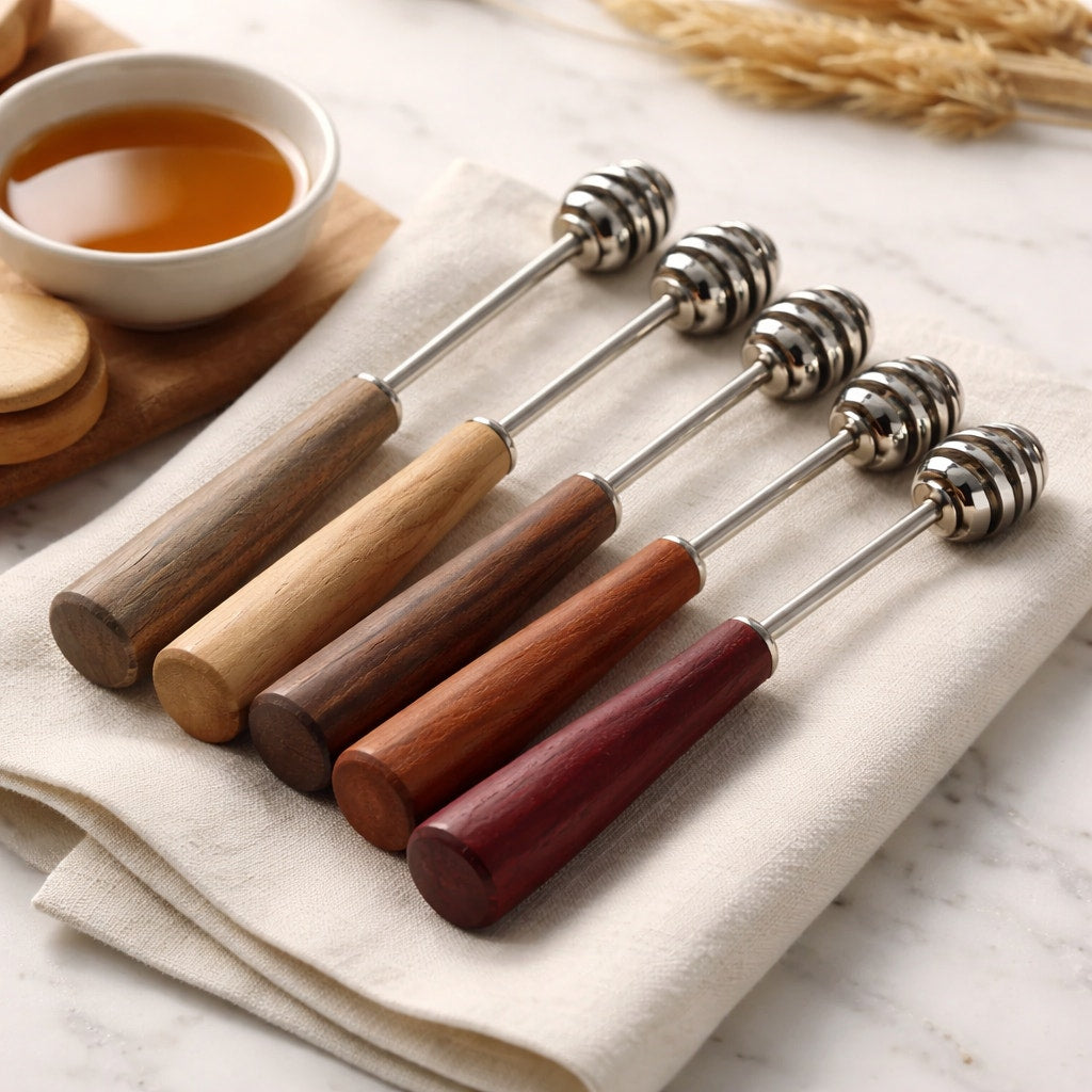 Handmade Wood Handle Honey Dipper Spoon, stainless steel head, food safe finish, walnut oak cherry olive options