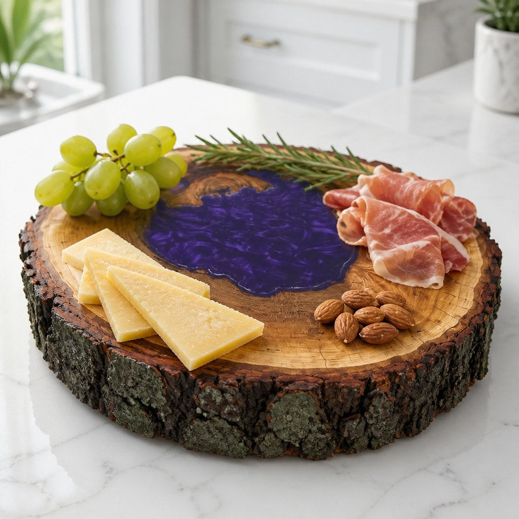 Hollow Cherry Log Charcuterie Board, Purple Epoxy Accents, Natural Bark Edge, 13x12x3, SKU 1416
