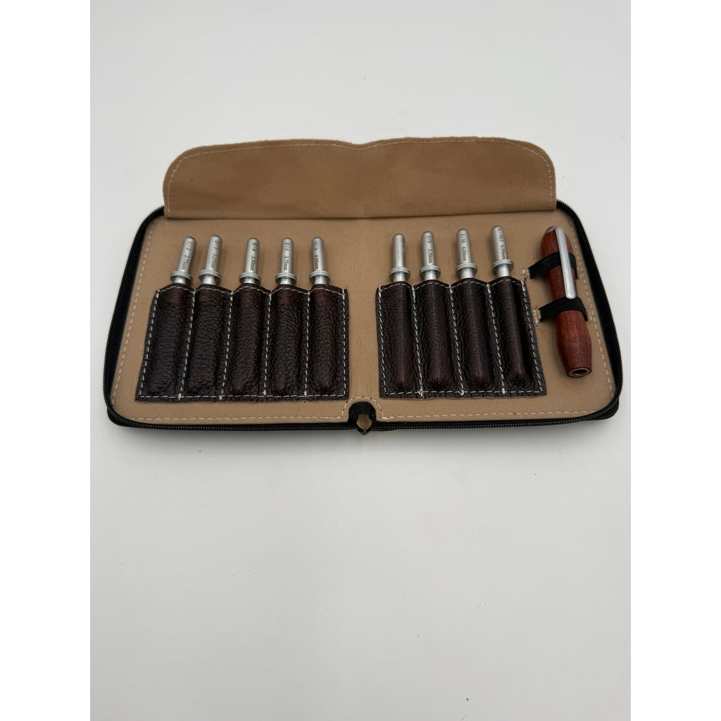 Hand Turned Crochet Hook Set, 9 Sizes, Interchangeable Handle, Leather Case, SKU 1554 1555